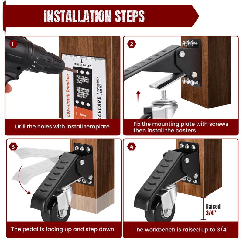 SPACECARE Workbench Casters Retractable Casters Kit 900Lbs, 4 Heavy Duty Casters Side Mounted All Steel Construction Urethane, Bonus Install Template, 4 Pack - Image 3